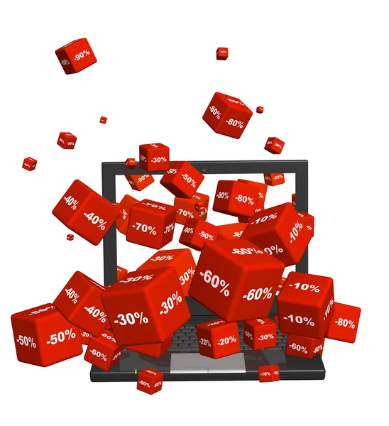 Laptop i czerwone pola z towarów z dyskontem — Zdjęcie stockowe
