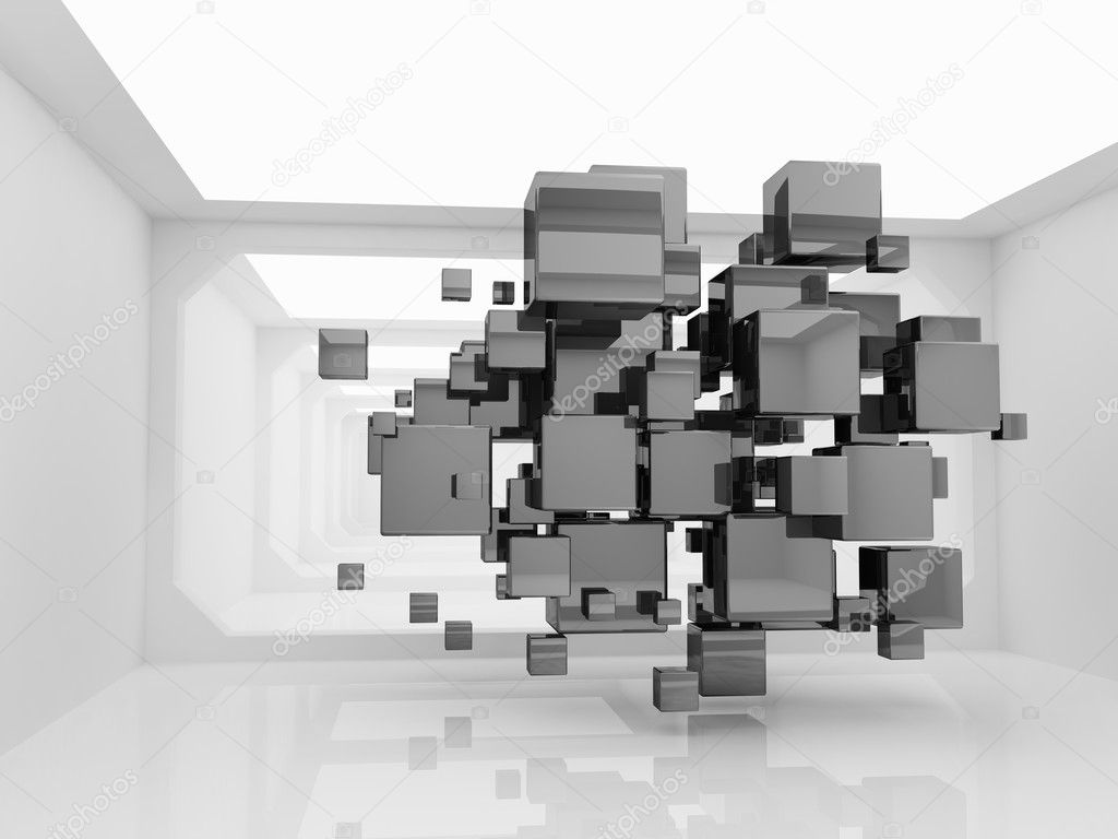 Abstract cubes in futuristic room