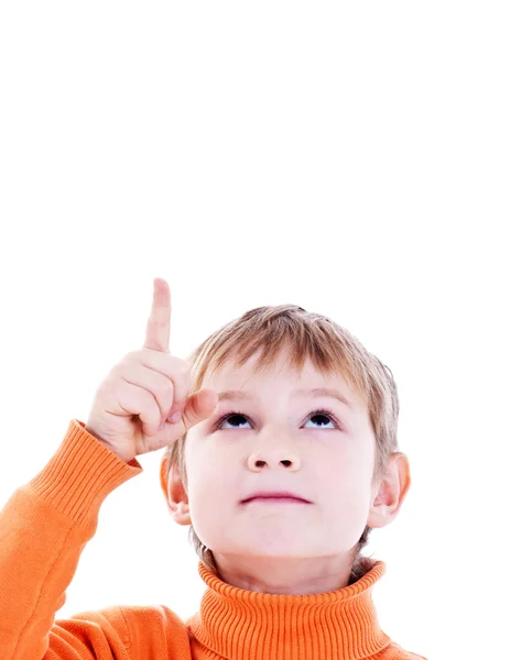 Boy shows a finger up — Stock Photo, Image