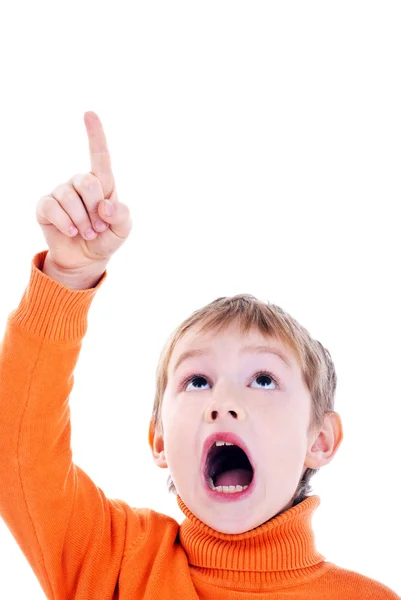 The boy smiles and shows a finger up — Stock Photo, Image