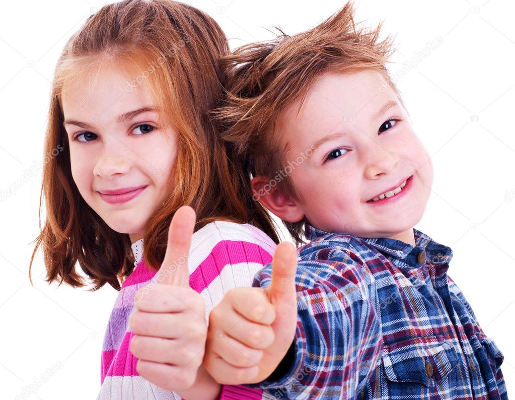 Happy boy and girl thumbs up