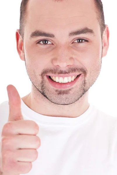 Portret przystojny młody mężczyzna Wyświetlono kciuki znak — Zdjęcie stockowe