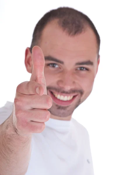 Portret van een knappe jongeman duimen omhoog teken weergegeven: — Stockfoto