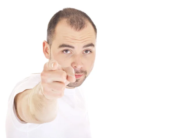 Young man points a finger in camera on white background. — Stock Photo, Image