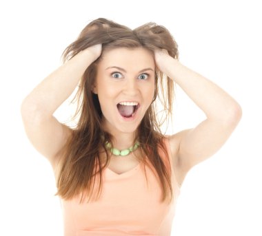 Stress. Woman stressed is going crazy pulling her hair in frustr clipart