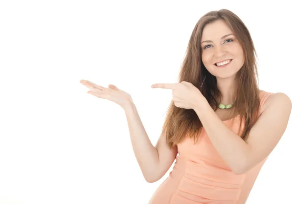 Mulher mostrando palma da mão aberta com espaço de cópia para produto ou texto — Fotografia de Stock
