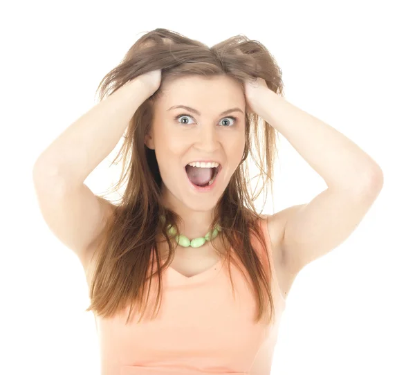 stock image Stress. Woman stressed is going crazy pulling her hair in frustr
