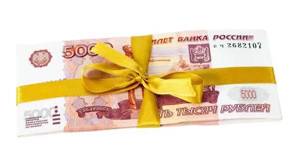 5000 russian rubles wrapped by ribbon on white — Stock Photo, Image