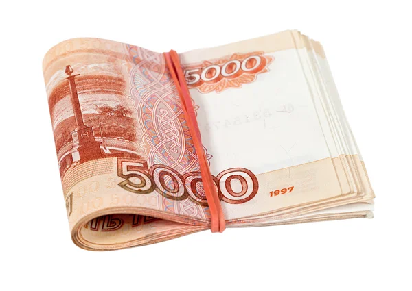 Dobrado cinco milésimos notas de rublo isolado em branco — Fotografia de Stock