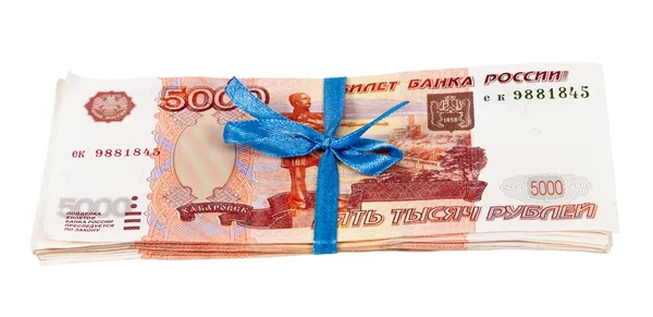5000 russian rubles wrapped by ribbon on white background — Stock Photo, Image