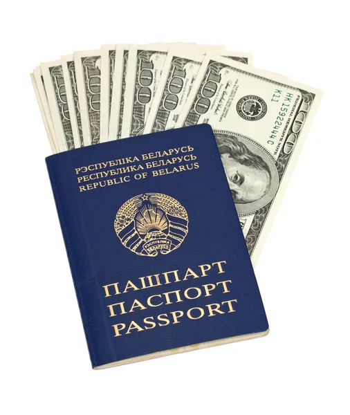 Belarusian passport and one hundred US dollars bills over white — Stock Photo, Image