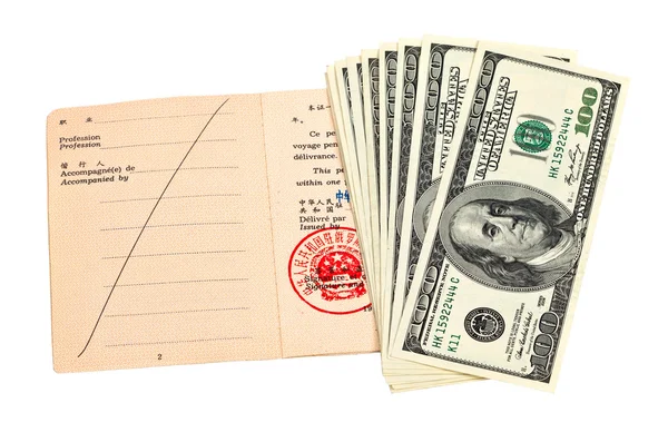 Chinese Travel permit and US dollars over white — Stock Photo, Image