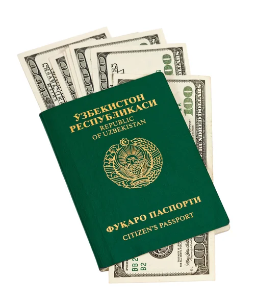 Beyaz arka plan üzerinde izole para ve Özbekistan pasaportu — Stok fotoğraf