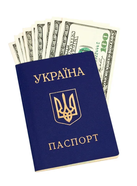 Pasaporte ucraniano y dólares estadounidenses sobre blanco —  Fotos de Stock