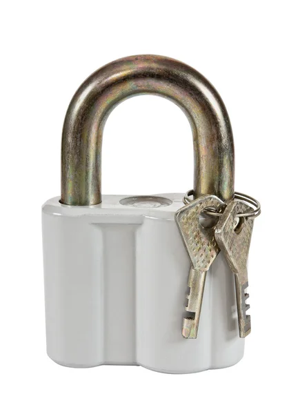 Cadeado com chaves no fundo branco Imagem De Stock