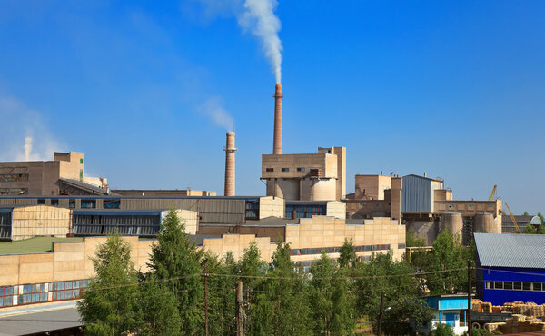 Большая фабрика с дымящимися трубами на фоне голубого неба
