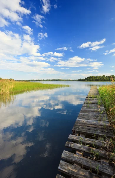 Sommarens sjön landskap med träbro — Stockfoto