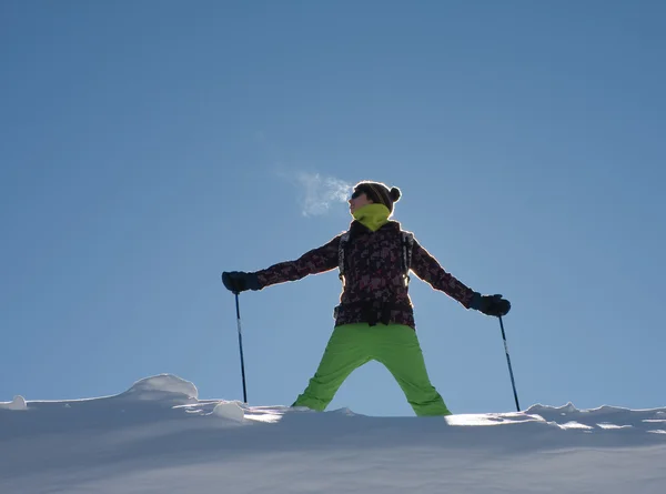 A girl in a ski suit against the sky Stock Photo