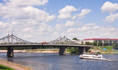 Old car bridge through river clipart