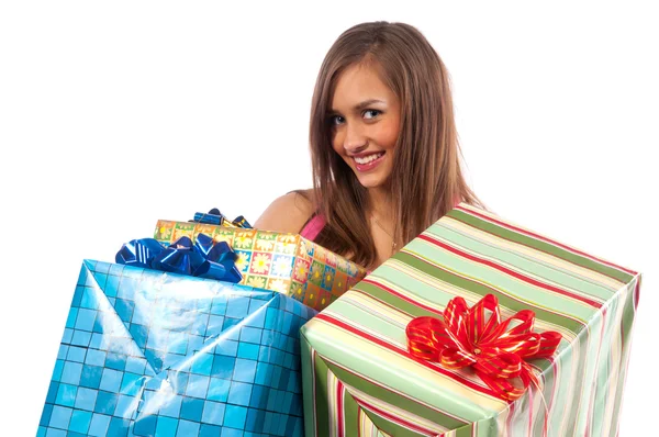 Žena hospodářství boxy s dárky — Stock fotografie