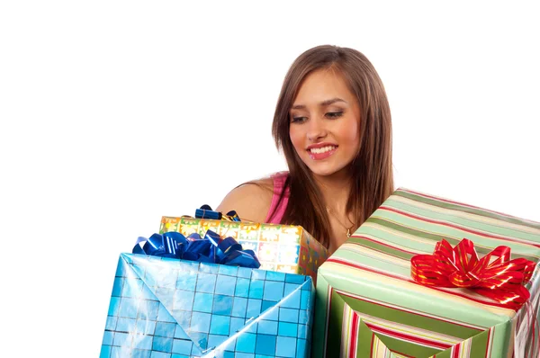 Woman holding boxes with gifts — Stock Photo, Image