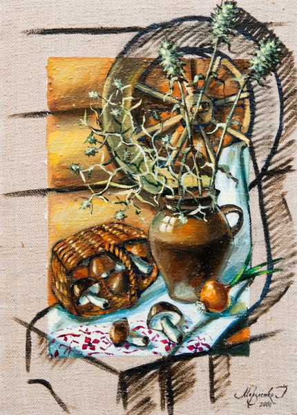 Картина маслом натюрморт з глечиком та грибами — стокове фото