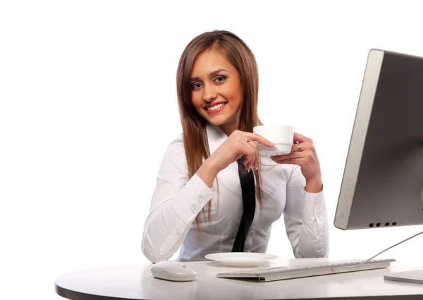Girl works at the computer — Stock Photo, Image