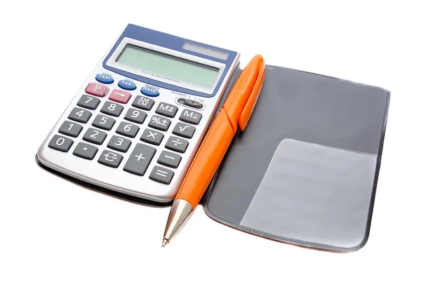 Calculator and orange pen in the background scheduler — Stock Photo, Image