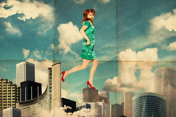 Collage de arte con mujer en las nubes — Foto de Stock