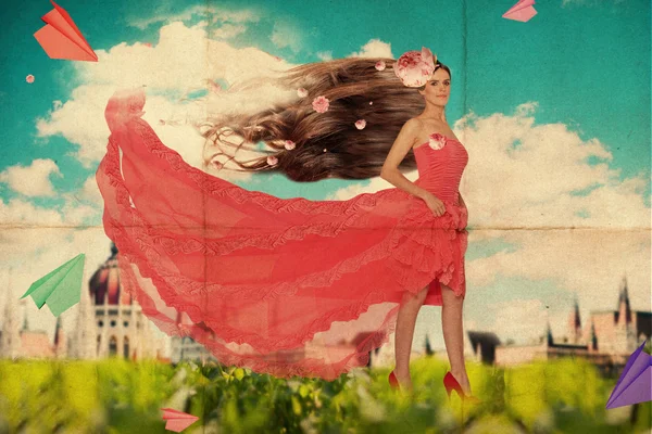 Kunstcollage mit einer schönen jungen Frau im roten Kleid — Stockfoto