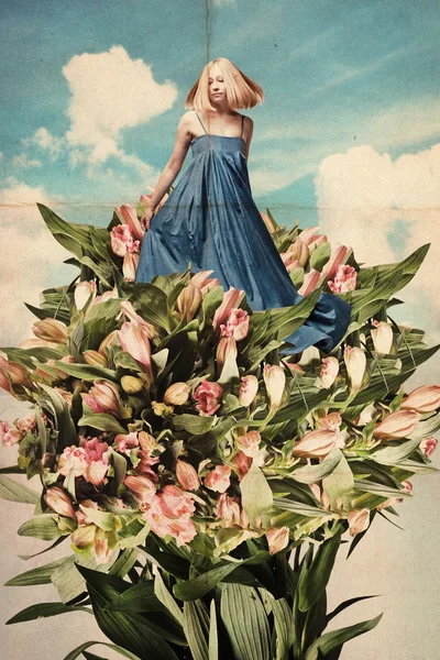 Τέχνη κολάζ με όμορφη νεαρή γυναίκα με λουλούδια — Φωτογραφία Αρχείου