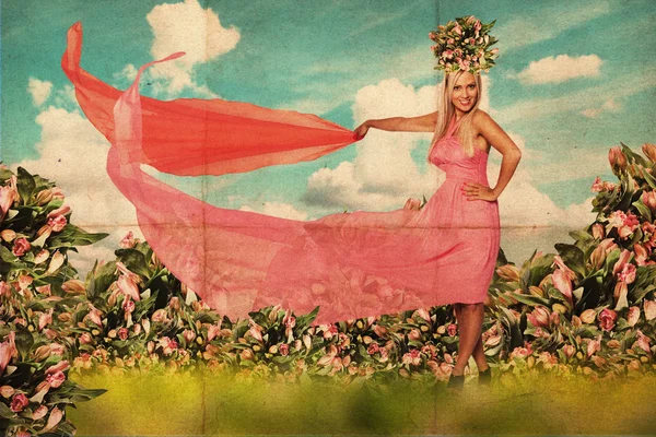 Collage d'arte con bella donna in fiori — Foto Stock