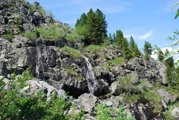 Sunny valley with rocks, waterfall and cedars. Valley Kuyguk — Stock Photo, Image
