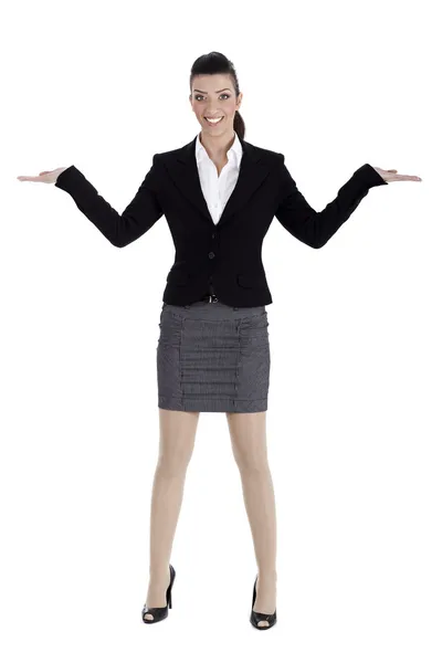 Vackra business kvinna streching både händer och pekar tomt utrymme — Stockfoto
