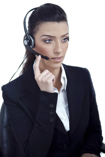 Bonito call center telefone mulher usando fone de ouvido — Fotografia de Stock