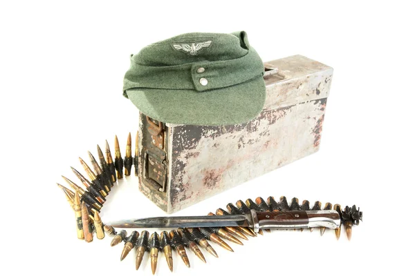 Kepi of the German soldier and machine-gun tape — Stock Photo, Image