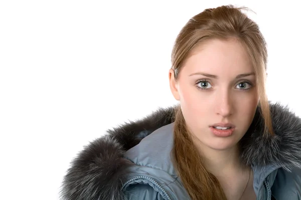 The girl in warm jacket with a hood isolated — Stock Photo, Image