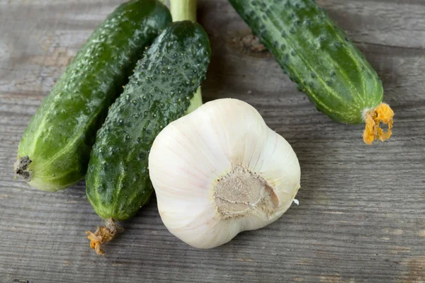 Green cucumbers and garlic on a table — Stock Photo, Image