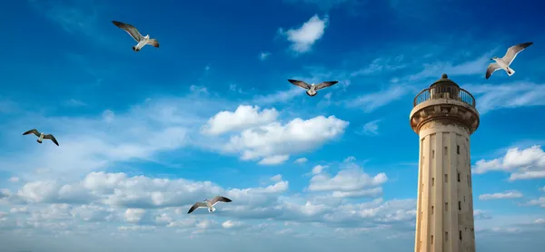 Old lighthouse in the sky with seagulls — Stock Photo, Image