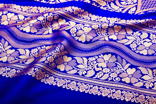 Blue And Gold Sari Fabric Stock Photo - Download Image Now