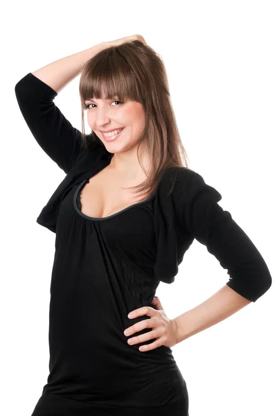 Krásná brunetka v černých šatech — Stock fotografie