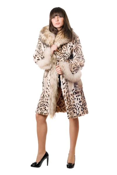 Young sexy lady in leopard coat — Stock Photo, Image