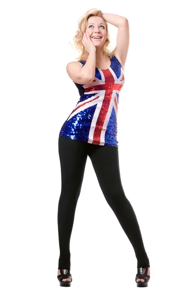 Leende kvinna klädd i unionen-flaggan tröja — Stockfoto