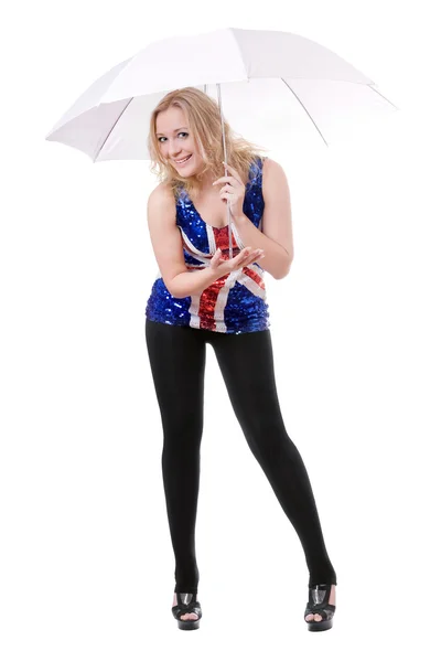 Woman wearing union-flag shirt and holding umbrella — Stock Photo, Image