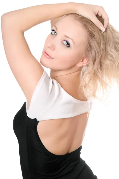 Blonde posing in black-white dress — Stock Photo, Image