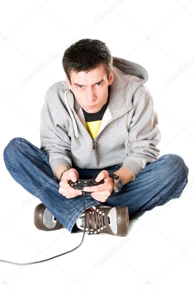 Guy with a joystick for game console. Isolated