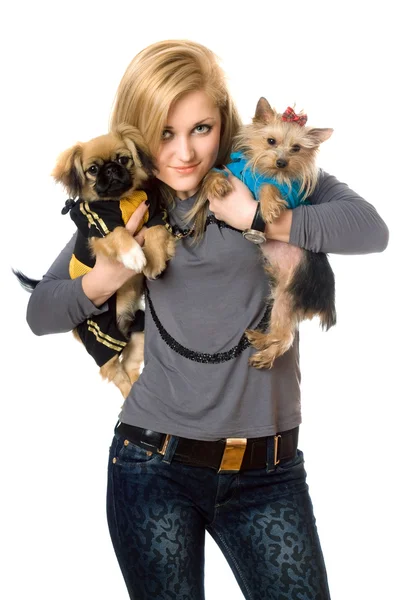 Souriant jeune blonde posant avec deux chiens — Photo