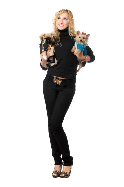 Fröhliche junge Blondine posiert mit zwei Hunden — Stockfoto