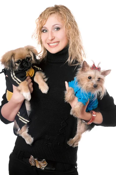 Portrait of smiling pretty young blonde with two dogs — Stock Photo, Image