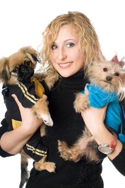 Portrét smějící se krásná blondýnka s dvěma psy. samostatný — Stock fotografie